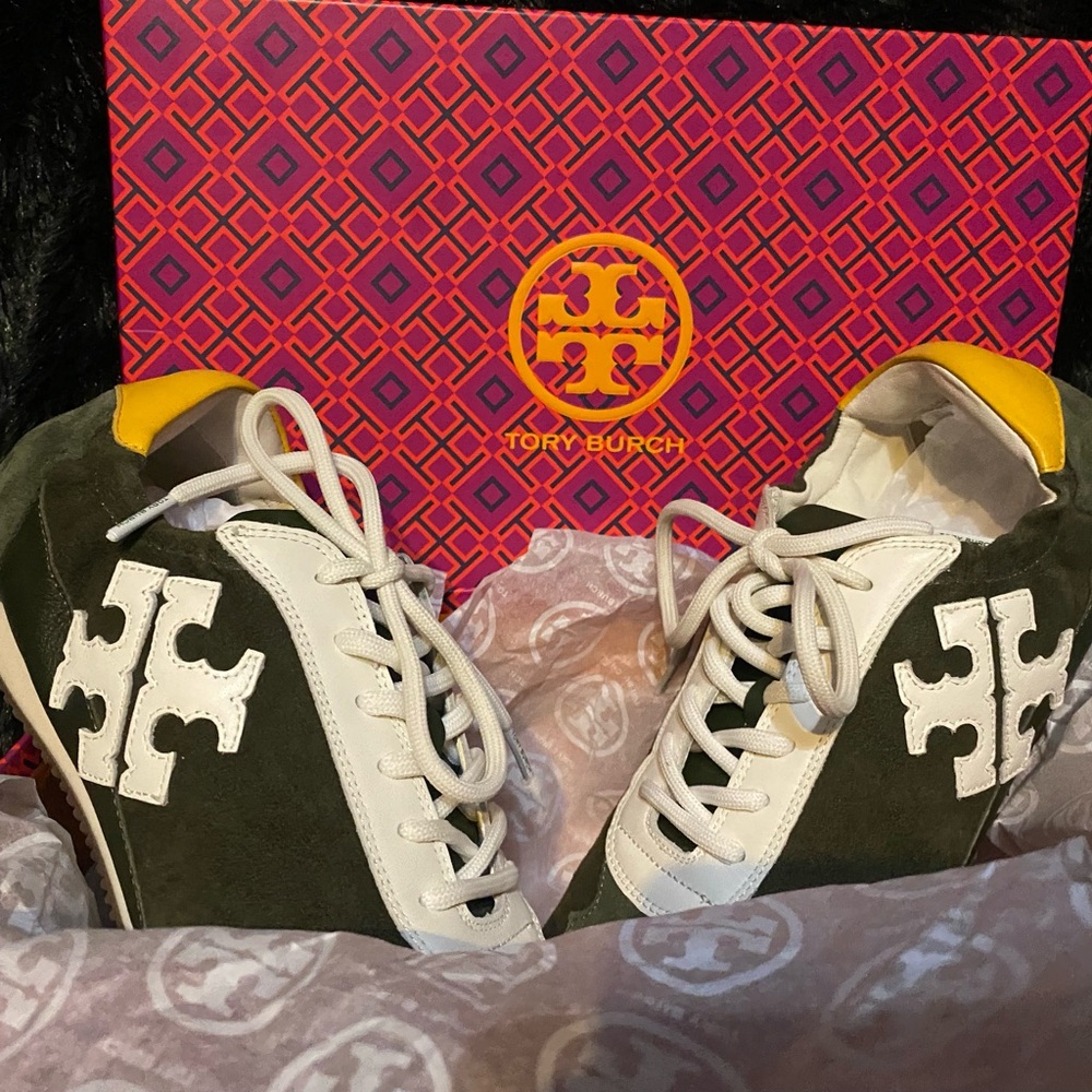 Tory Burch 'The Tory' Green Suede Yellow & White Leather Size 8.5 M Women's